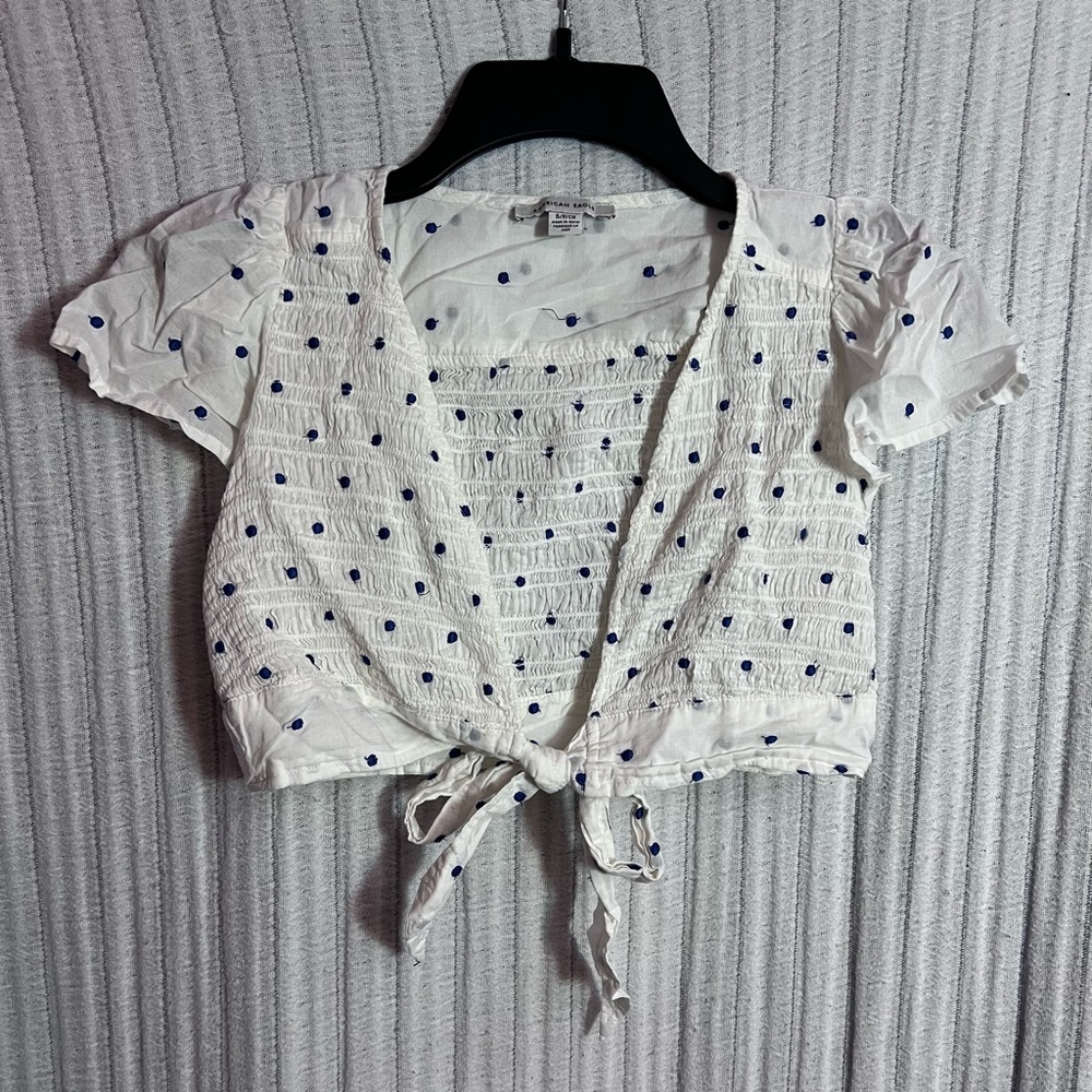 American Eagle Outfitters White and Blue Tie Front Crop Top